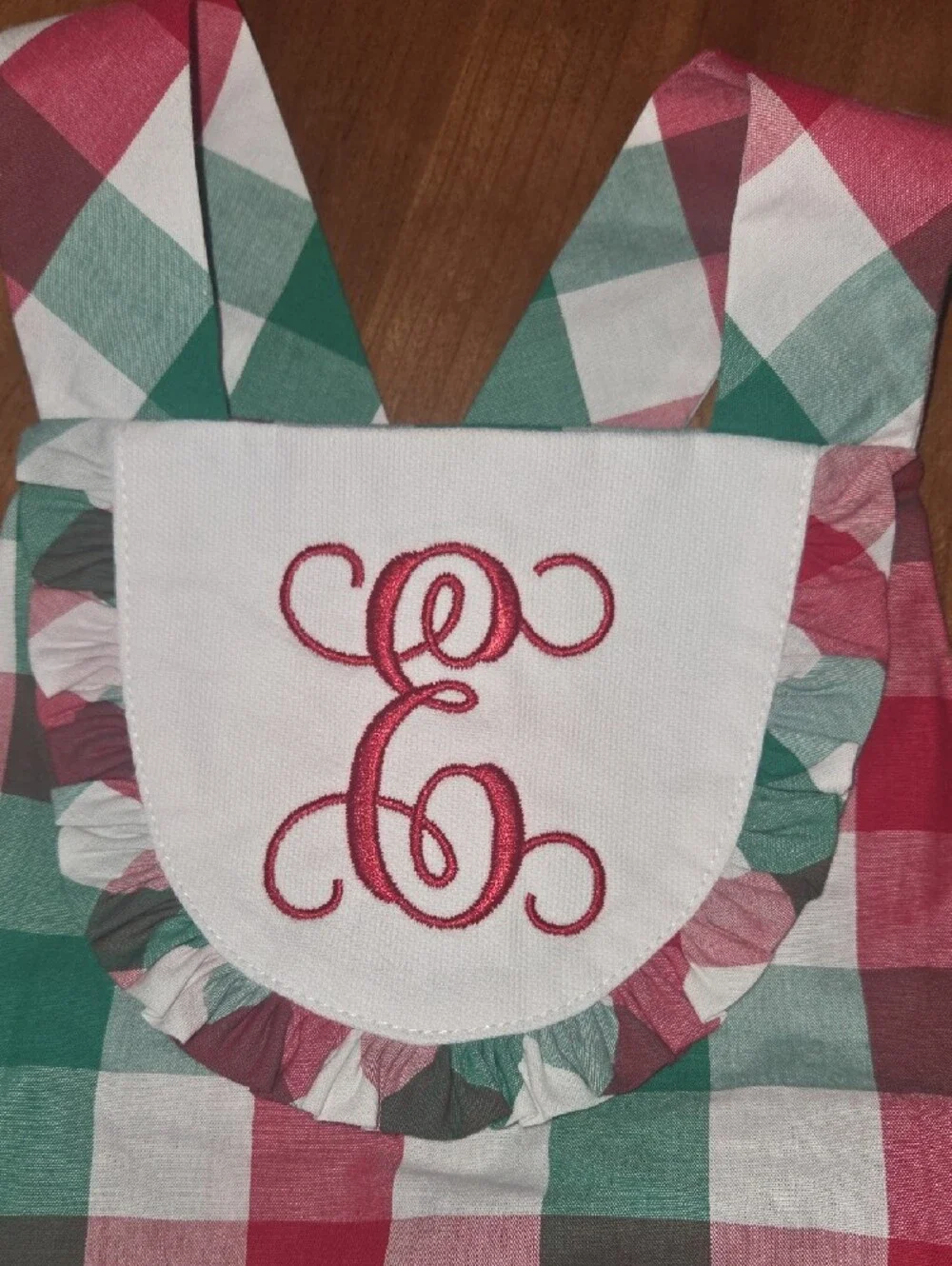 Ricrac & Ruffles Monogrammed Checkered Baby Bubble Romper - Red & Green